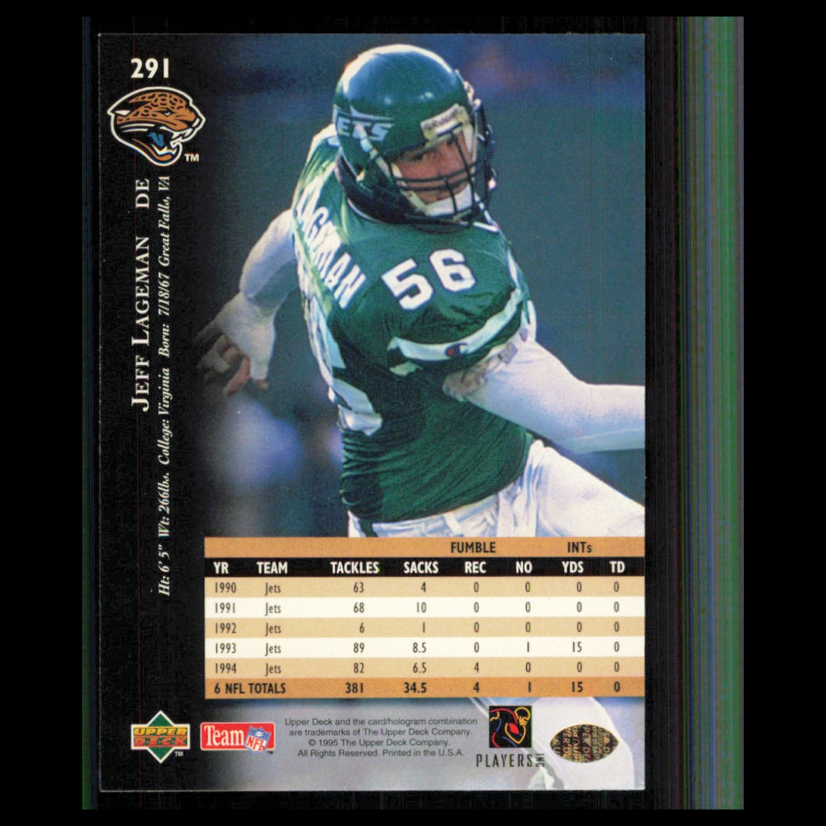 Jeff Lageman #291 1995 Upper Deck Electric Jacksonville Jaguars Football Card NM