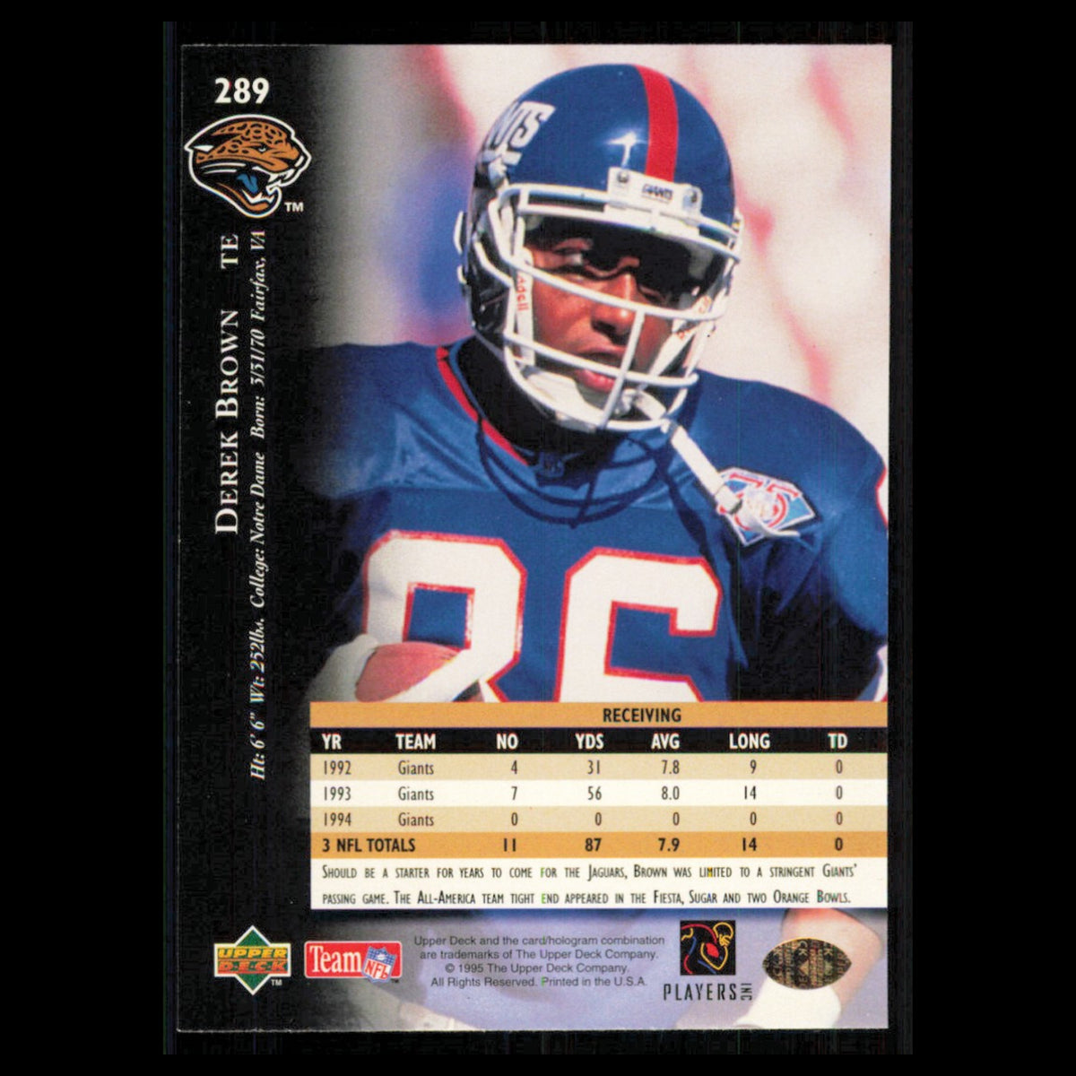 Derek Brown #289 1995 Upper Deck Jacksonville Jaguars Football Card NFL NM