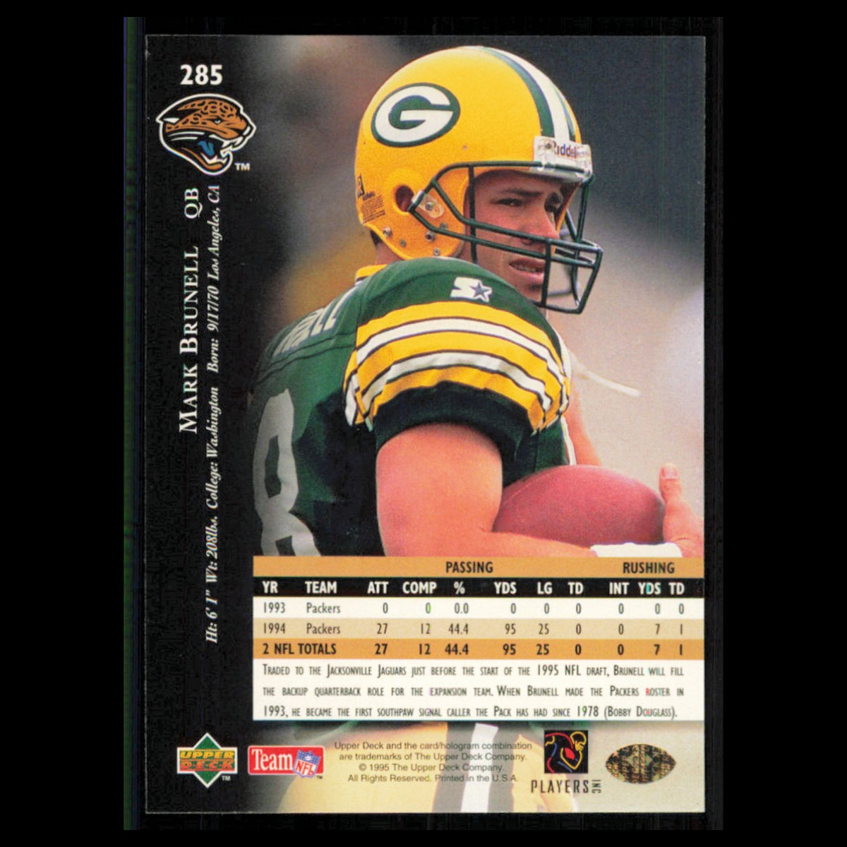Mark Brunell #285 1995 Upper Deck Jacksonville Jaguars Football Card NFL NM