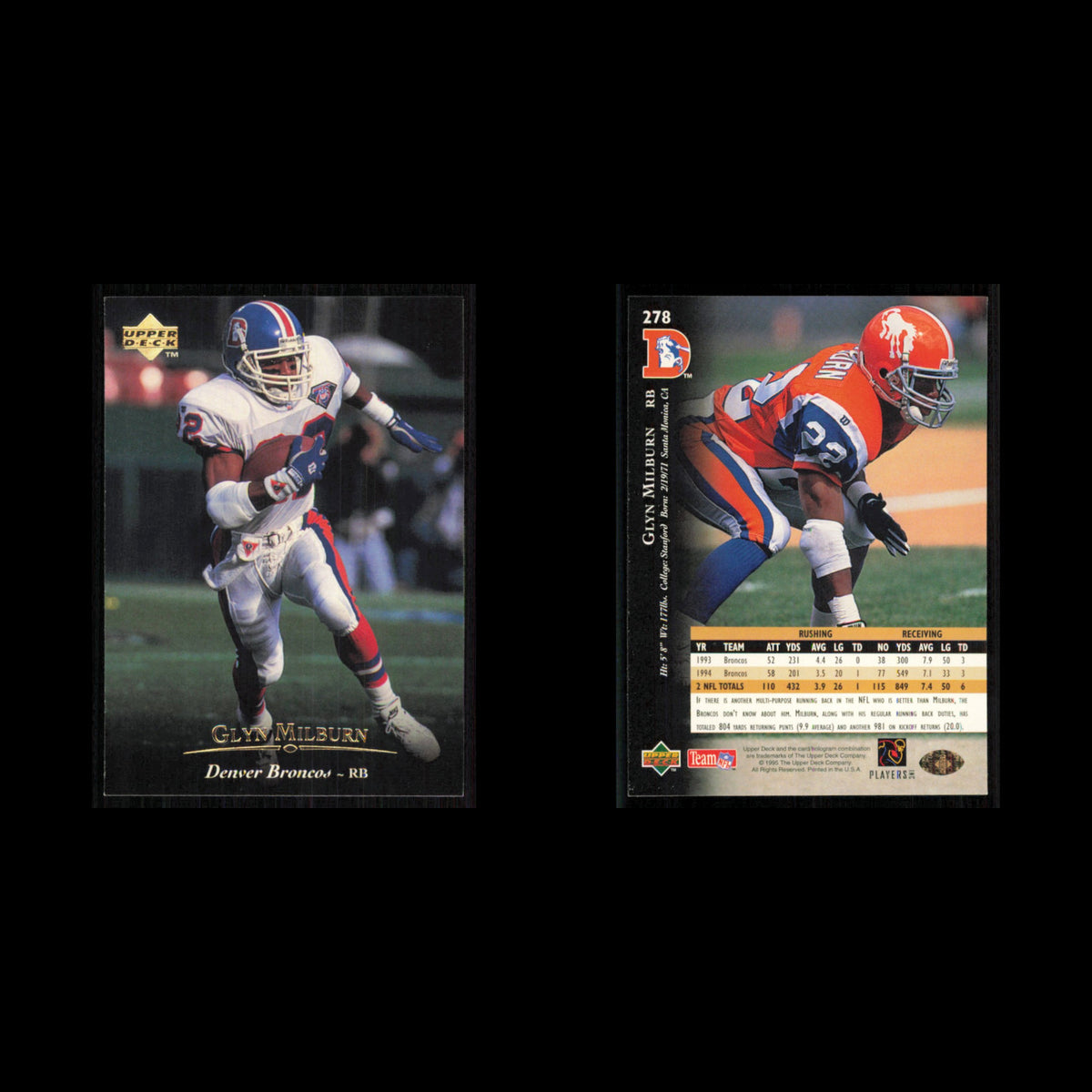 Glyn Milburn #278 1995 Upper Deck Denver Broncos Football Card NFL NM