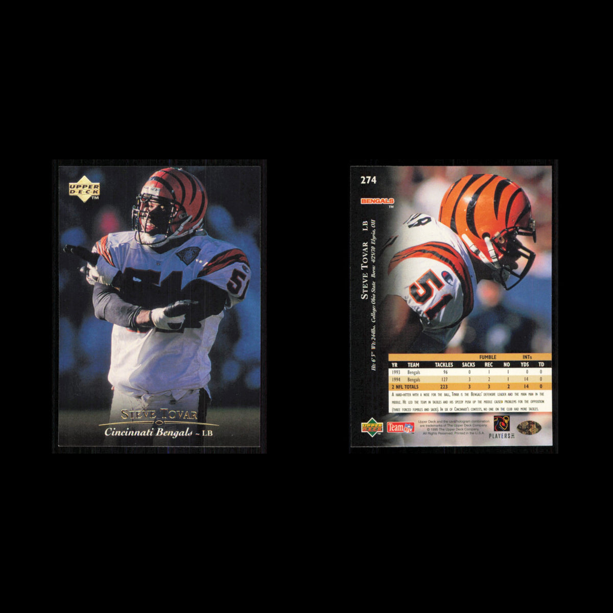 Steve Tovar #274 1995 Upper Deck Cincinnati Bengals Football Card NFL NM