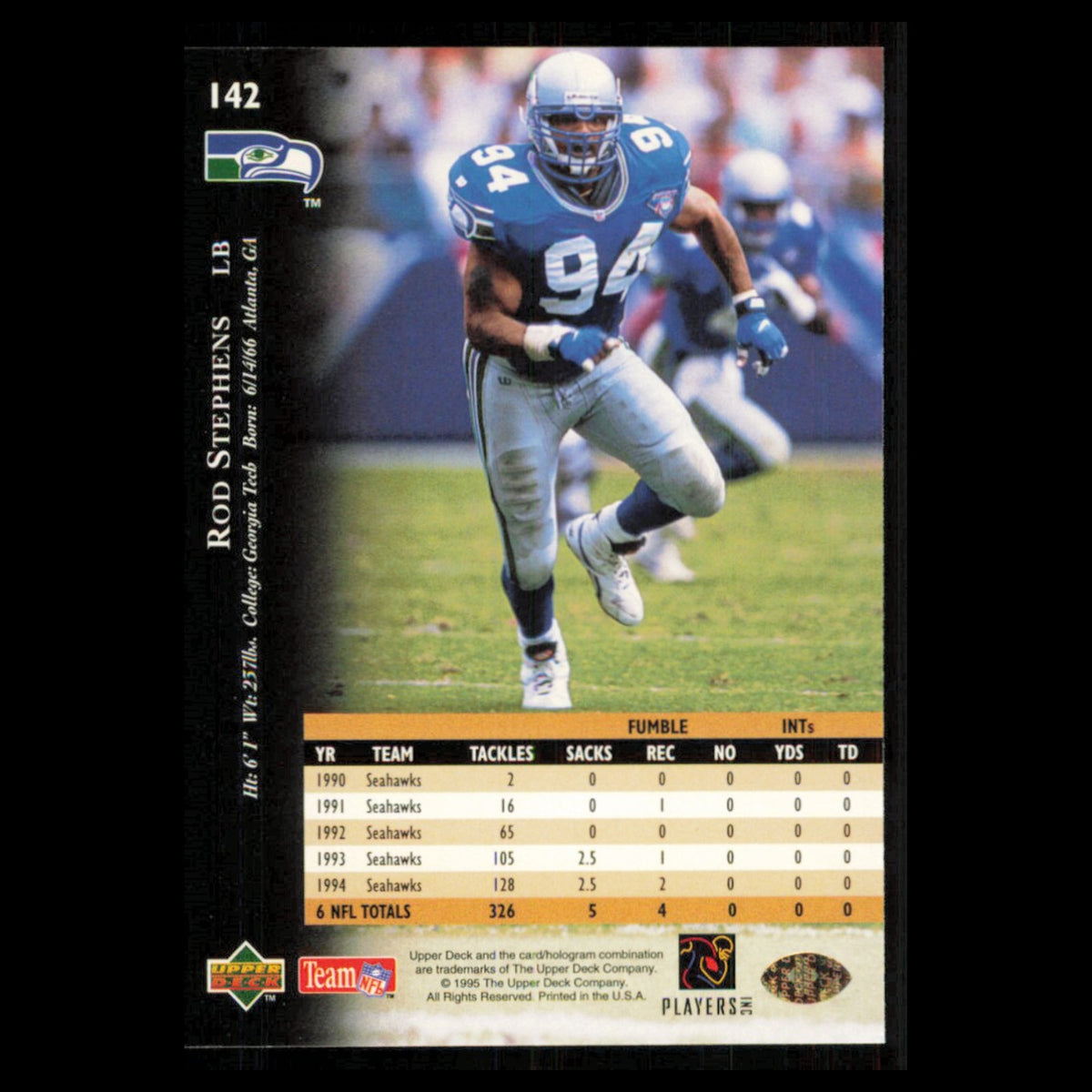 Rod Stephens #142 1995 Upper Deck Washington Redskins Football Card NFL NM