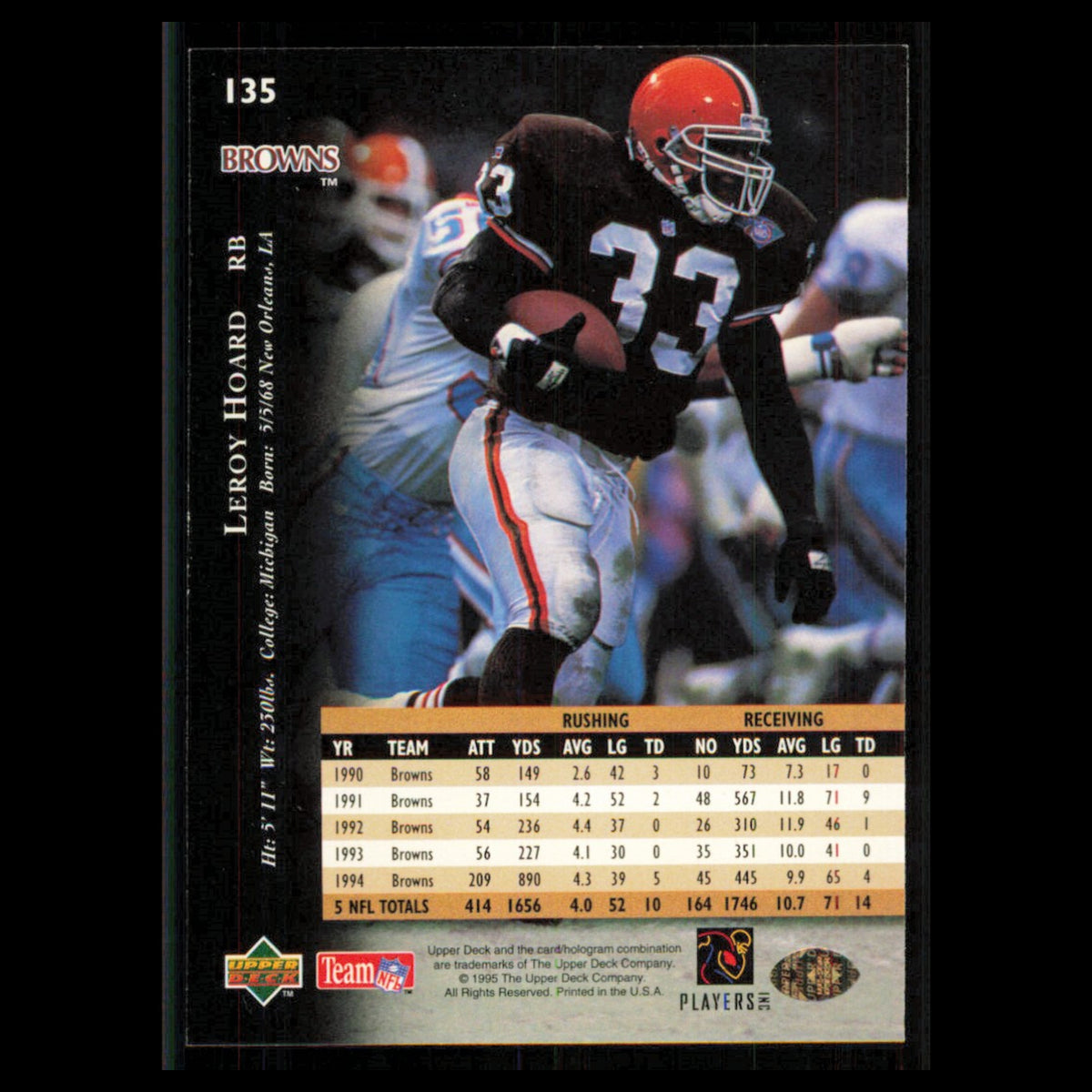 Leroy Hoard #135 1995 Upper Deck Cleveland Browns Football Card NFL NM