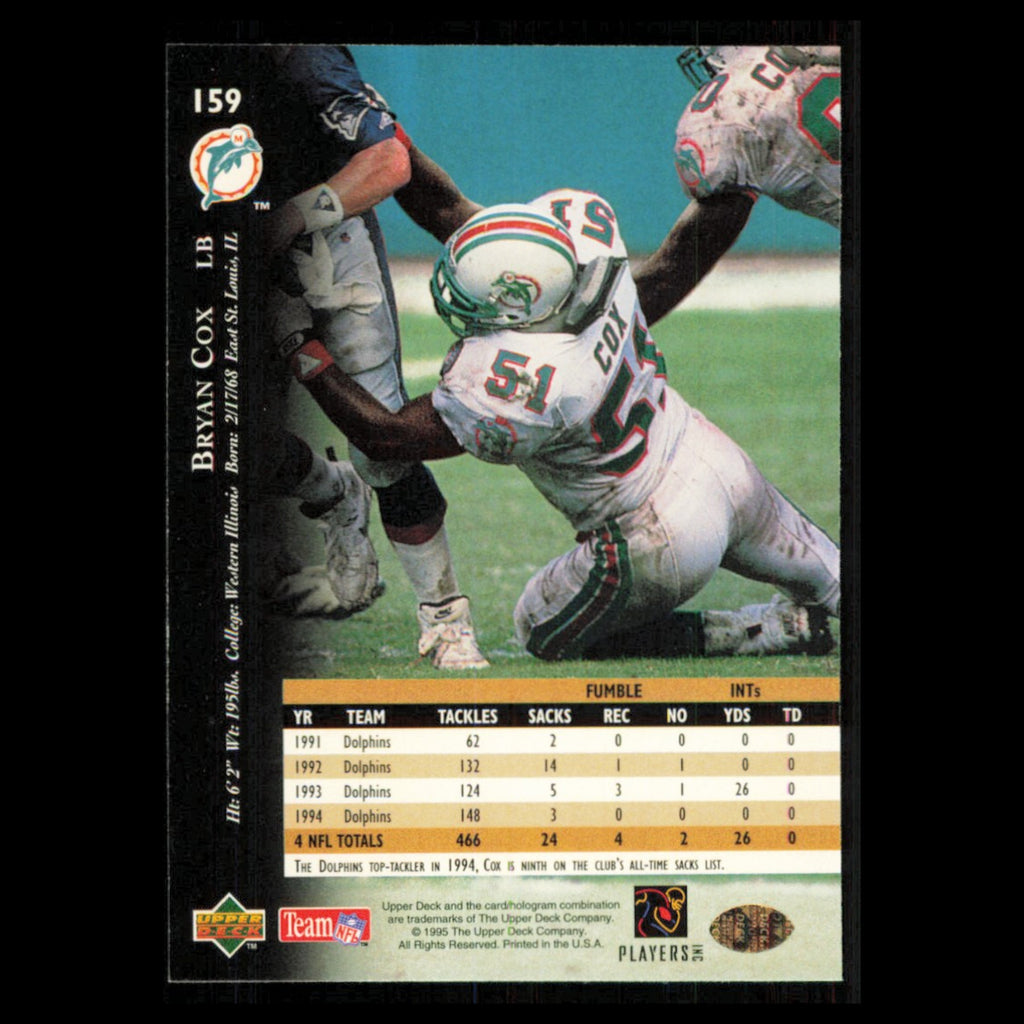 Bryan Cox #159 1995 Upper Deck Miami Dolphins Football Card NFL NM