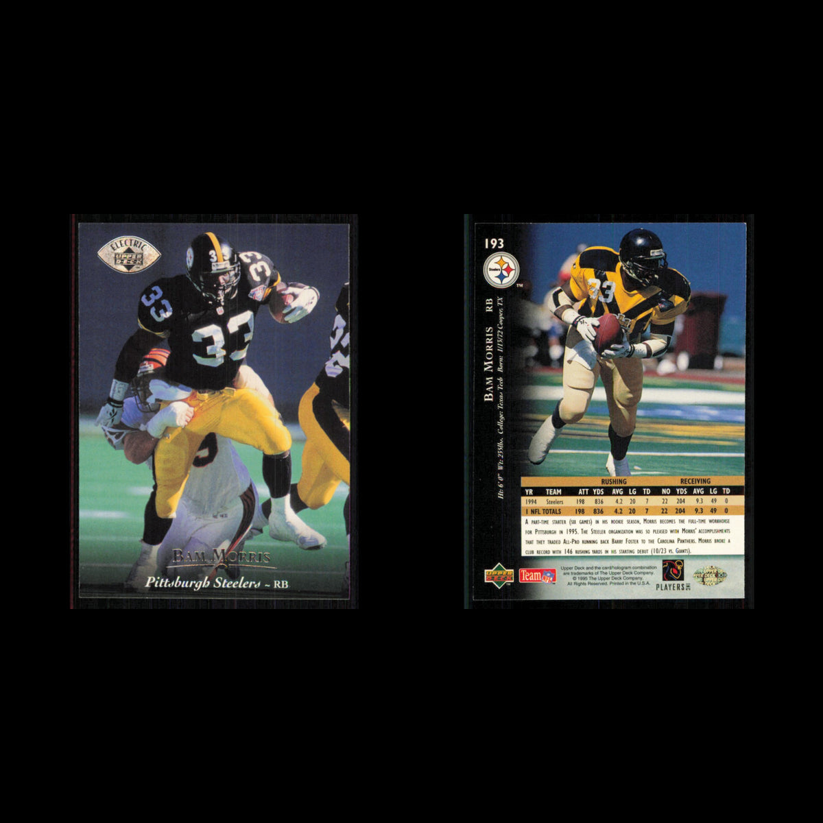 Bam Morris #193 1995 Upper Deck Electric Pittsburgh Steelers Football Card NFL