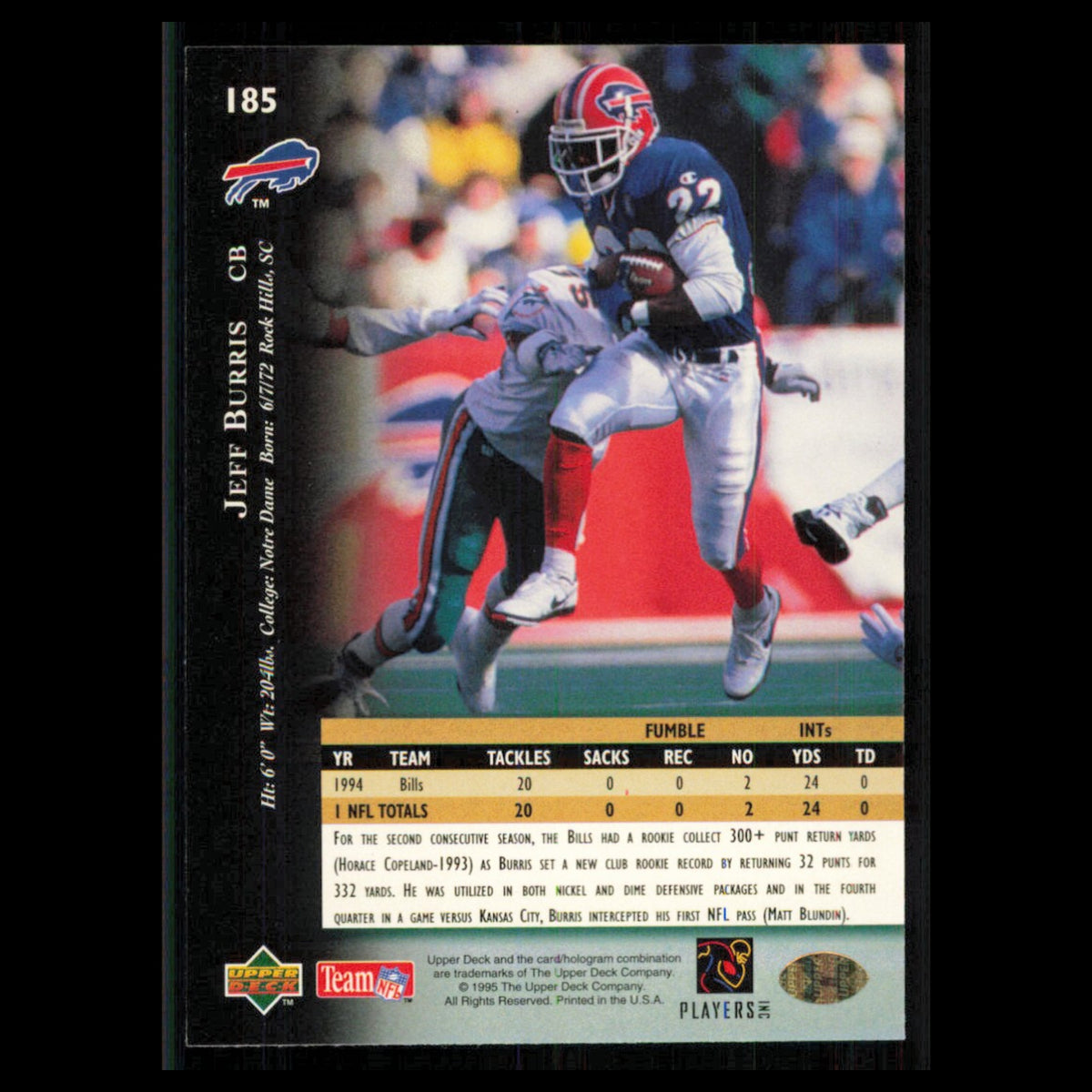 Jeff Burris #185 1995 Upper Deck Buffalo Bills Football Card NFL NM