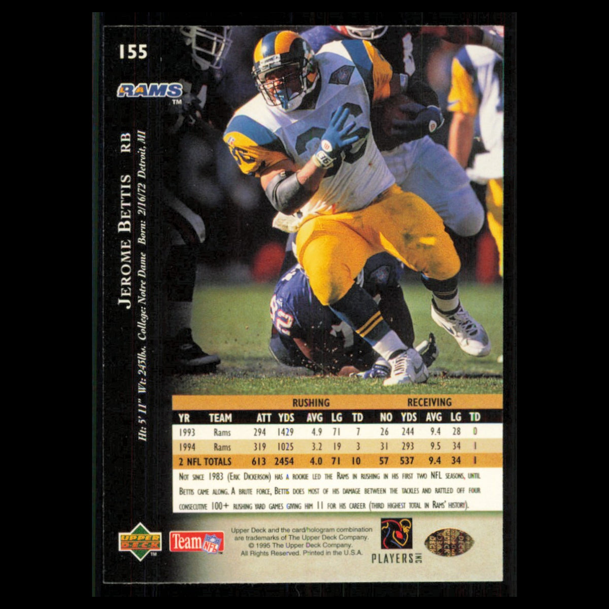 Jerome Bettis #155 1995 Upper Deck Los Angeles Rams Football Card NFL NM