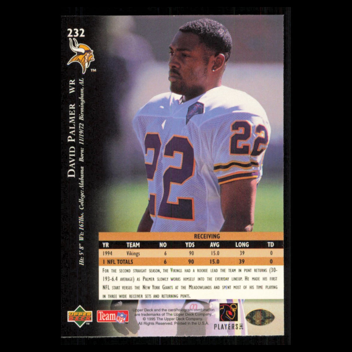 David Palmer #232 1995 Upper Deck Minnesota Vikings Football Card NFL NM