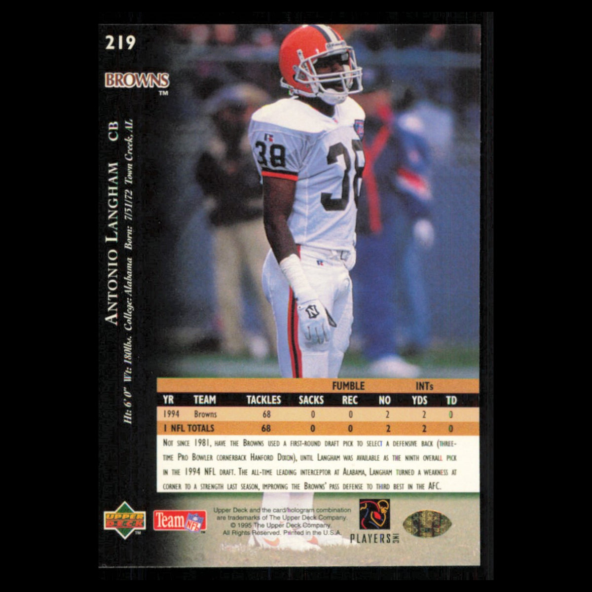 Antonio Langham #219 1995 Upper Deck Cleveland Browns Football Card NFL NM