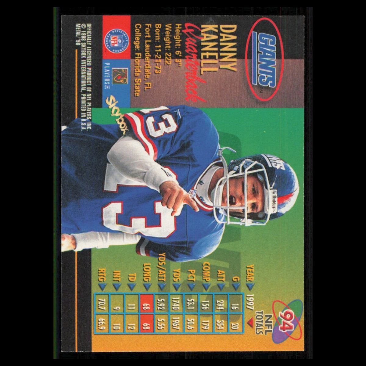 Danny Kanell #94 1998 Metal Universe New York Giants Football Card NFL NM
