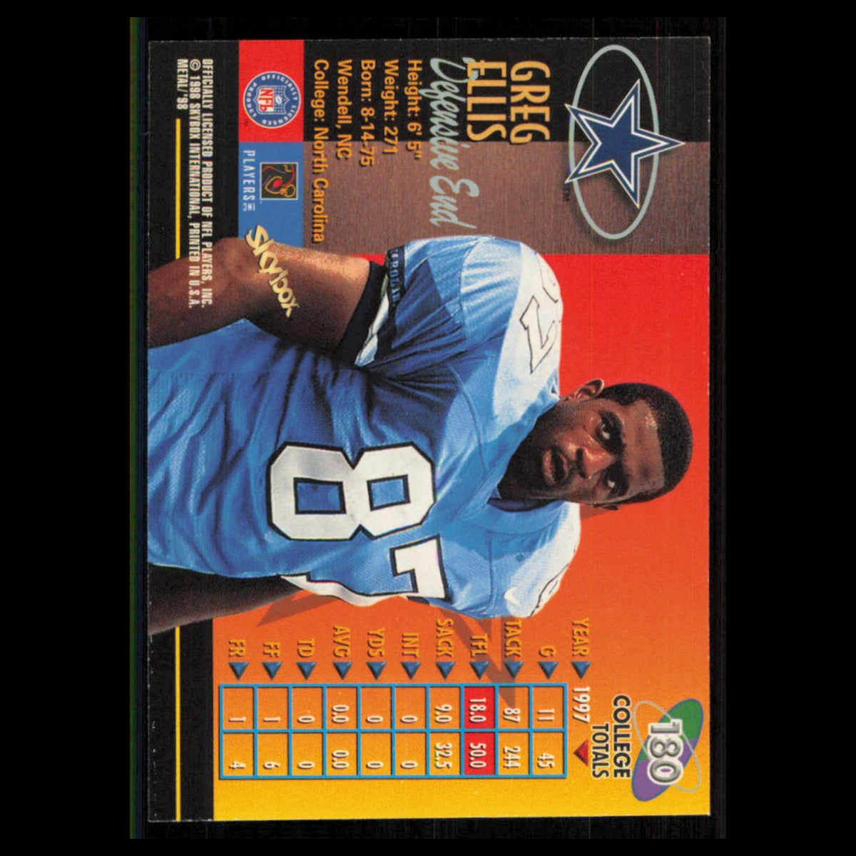 Greg Ellis Rookie #180 1998 Metal Universe Dallas Cowboys Football Card NFL NM