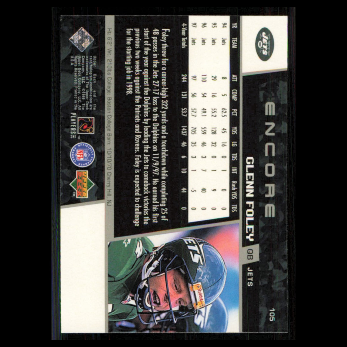 Glenn Foley #105 1998 Upper Deck Encore New York Jets Football Card NFL NM