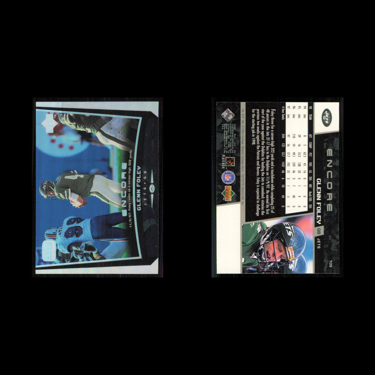 Glenn Foley #105 1998 Upper Deck Encore New York Jets Football Card NFL NM