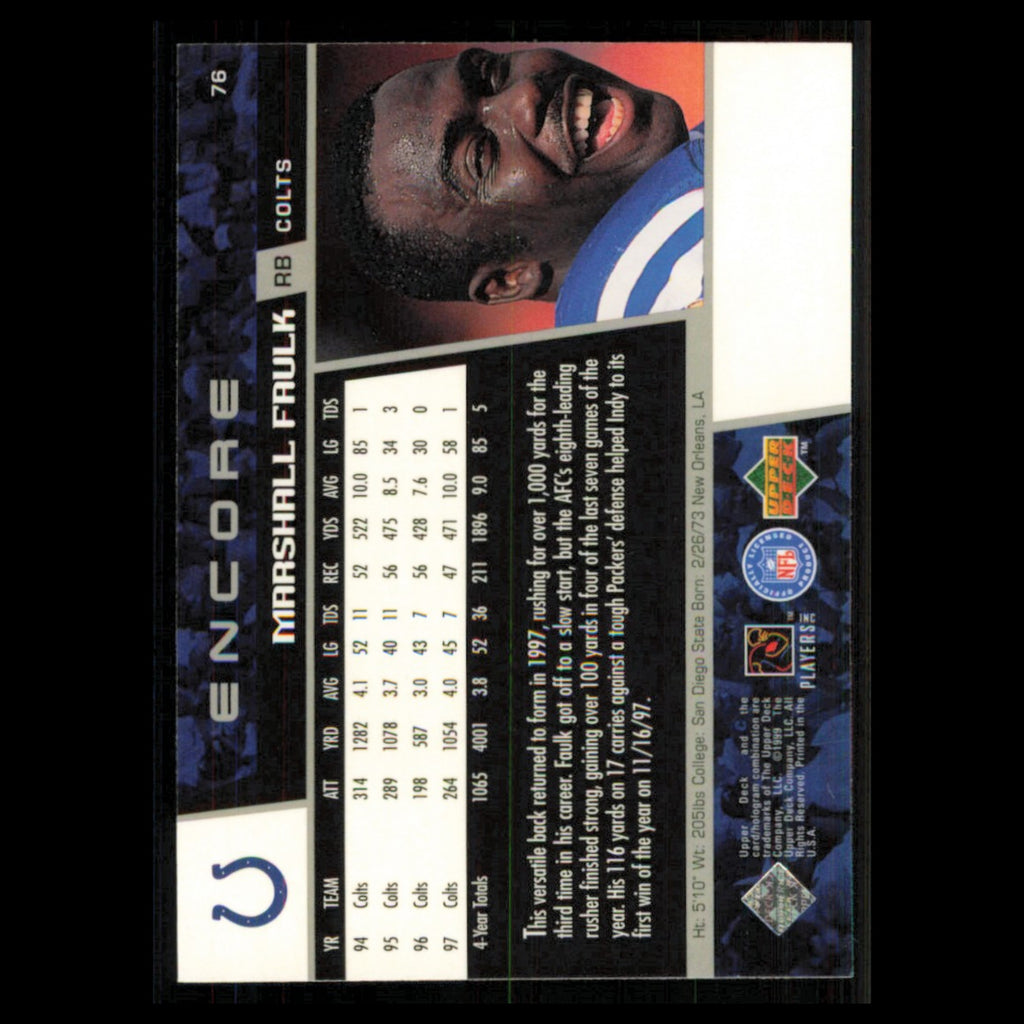 Marshall Faulk #76 1998 Upper Deck Encore Indianapolis Colts Football Card NFL