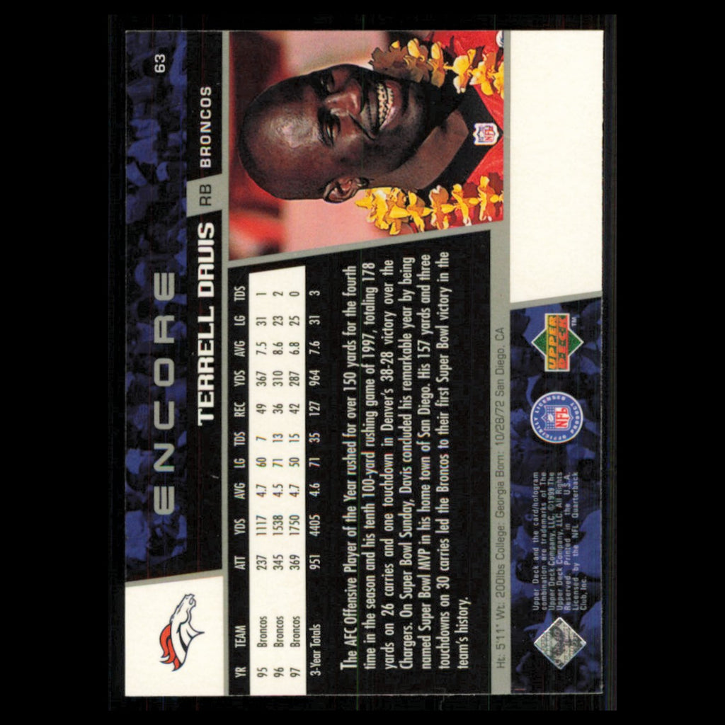 Terrell Davis #63 1998 Upper Deck Encore Denver Broncos Football Card NFL NM