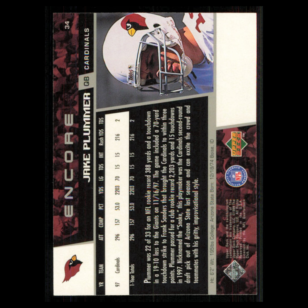 Jake Plummer #34 1998 Upper Deck Encore Arizona Cardinals Football Card NFL NM