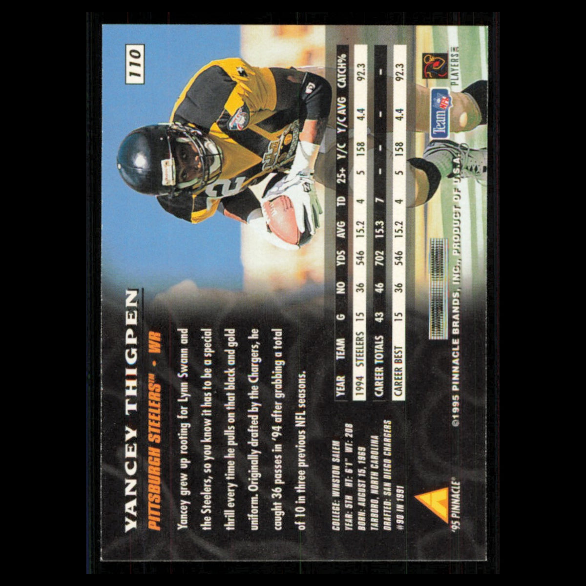 Yancey Thigpen Rookie #110 1995 Pinnacle Pittsburgh Steelers Football Card NFL