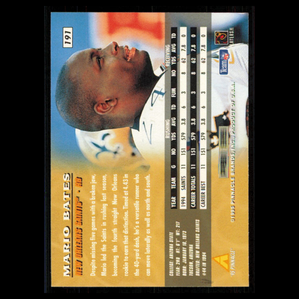 Mario Bates #191 1995 Pinnacle New Orleans Saints Football Card NFL NM