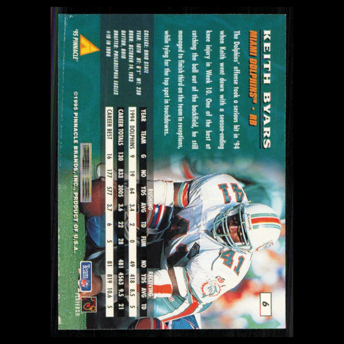 Keith Byers #6 1995 Pinnacle Miami Dolphins Football Card NFL NM
