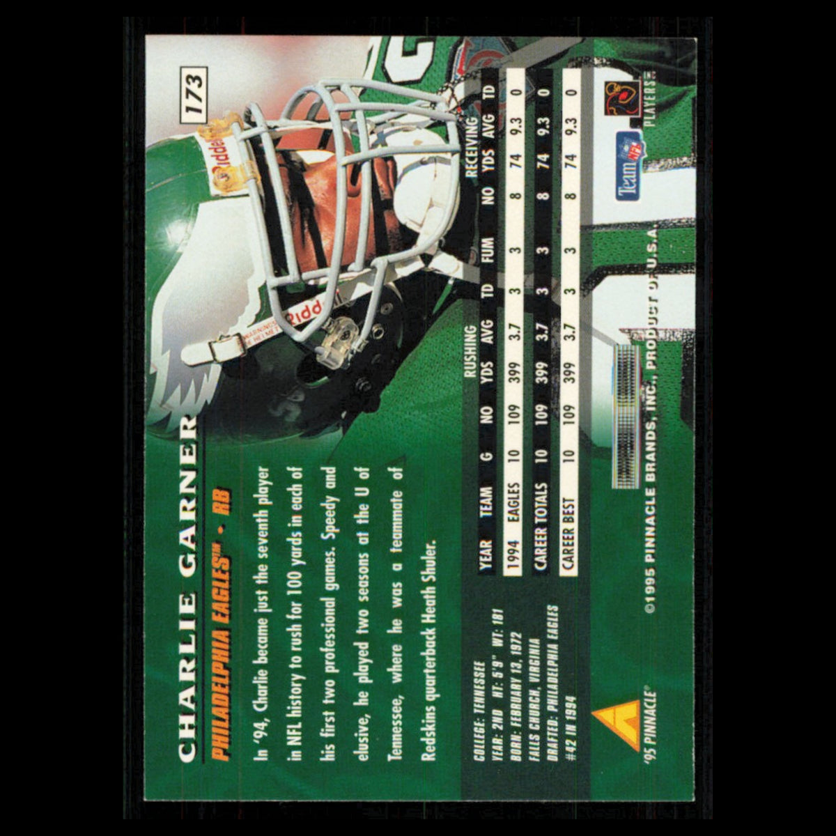 Charlie Garner #173 1995 Pinnacle Philadelphia Eagles Football Card NFL NM