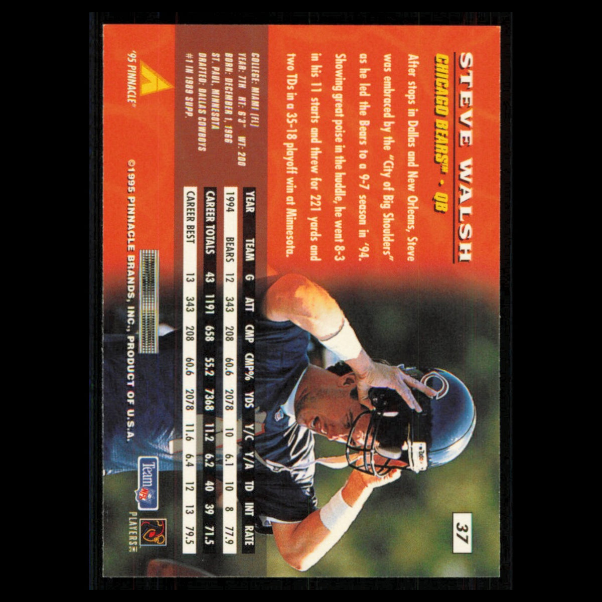 Steve Walsh #37 1995 Pinnacle Chicago Bears Football Card NFL NM
