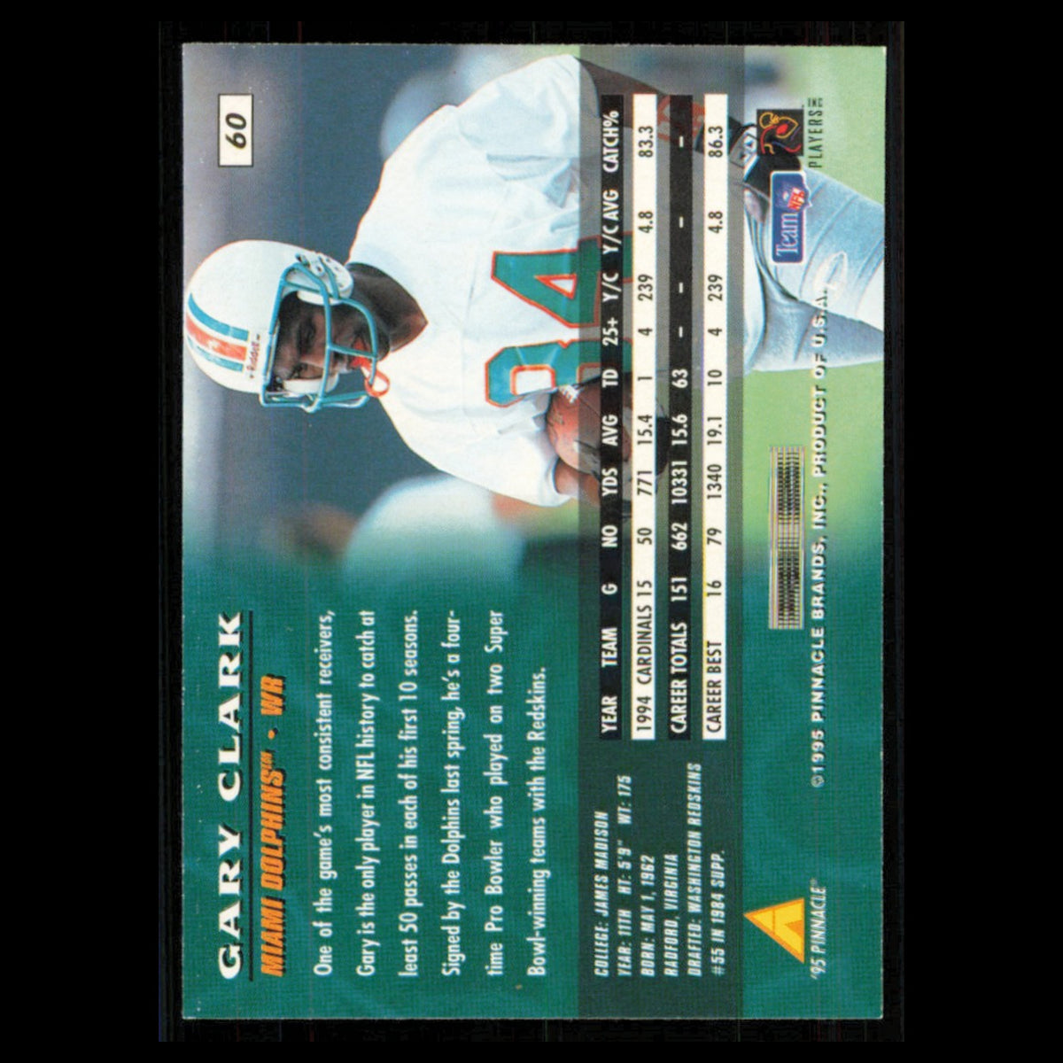 Gary Clark #60 1995 Pinnacle Miami Dolphins Football Card NFL NM
