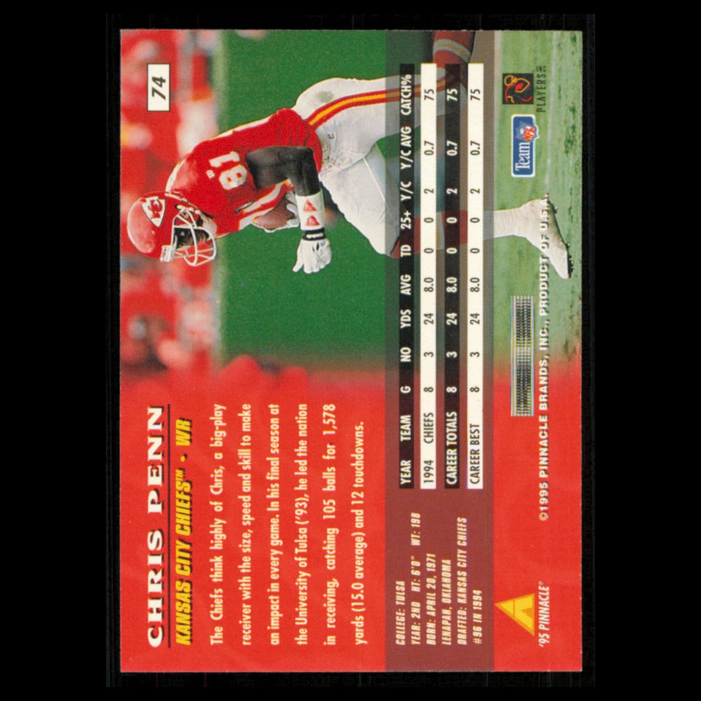 Chris Penn #74 1995 Pinnacle Kansas City Chiefs Football Card NFL NM