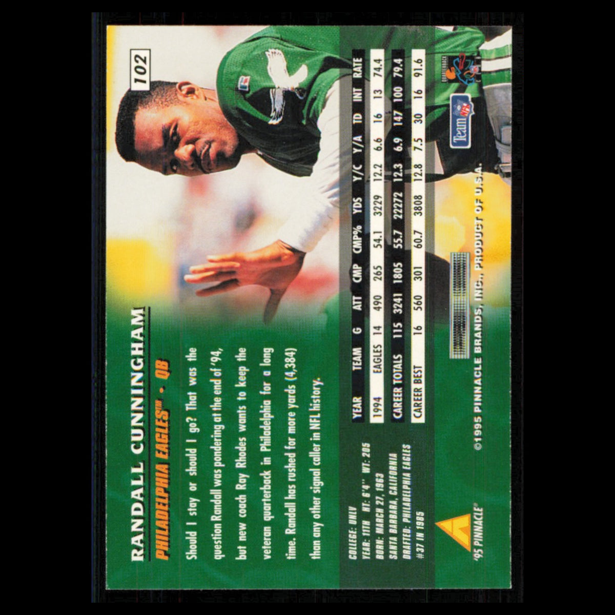 Randall Cunningham #102 1995 Pinnacle Philadelphia Eagles Football Card NFL NM