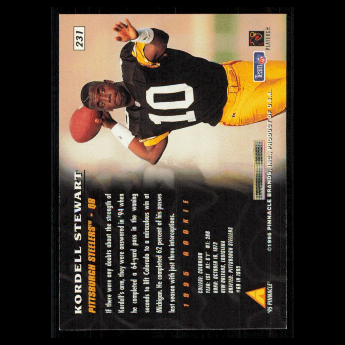 Kordell Stewart Rookie #231 1995 Pinnacle Pittsburgh Steelers Football Card NFL