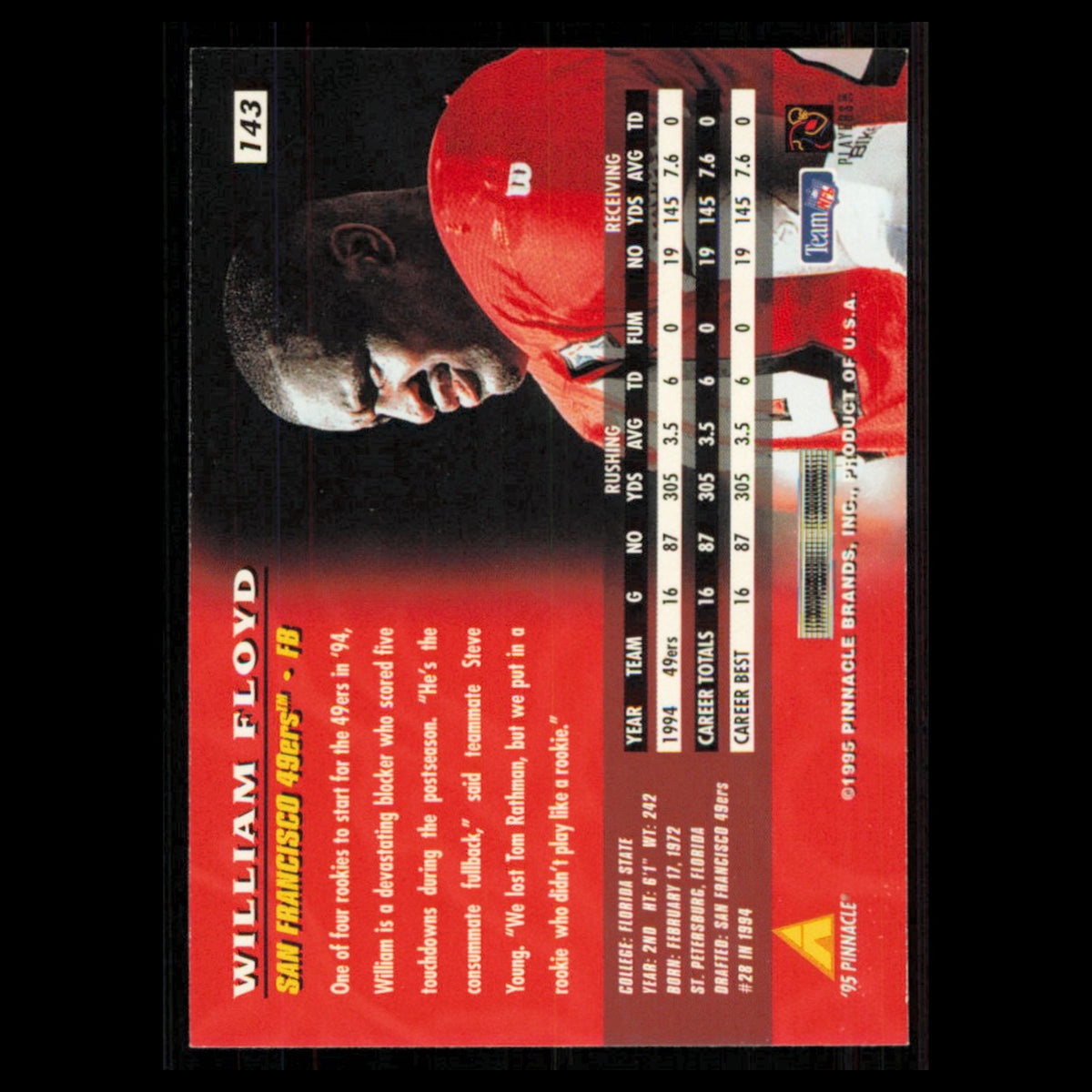William Floyd #143 1995 Pinnacle San Francisco 49ers Football Card NFL NM