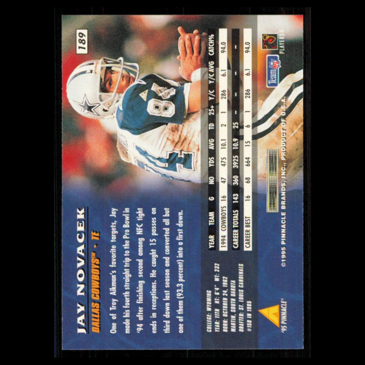 Jay Novacek #189 1995 Pinnacle Dallas Cowboys Football Card NFL NM