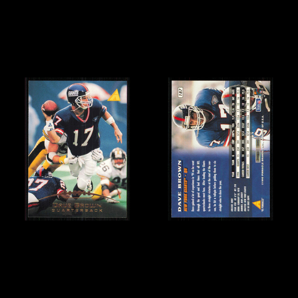 Dave Brown #187 1995 Pinnacle New York Giants Football Card NFL NM