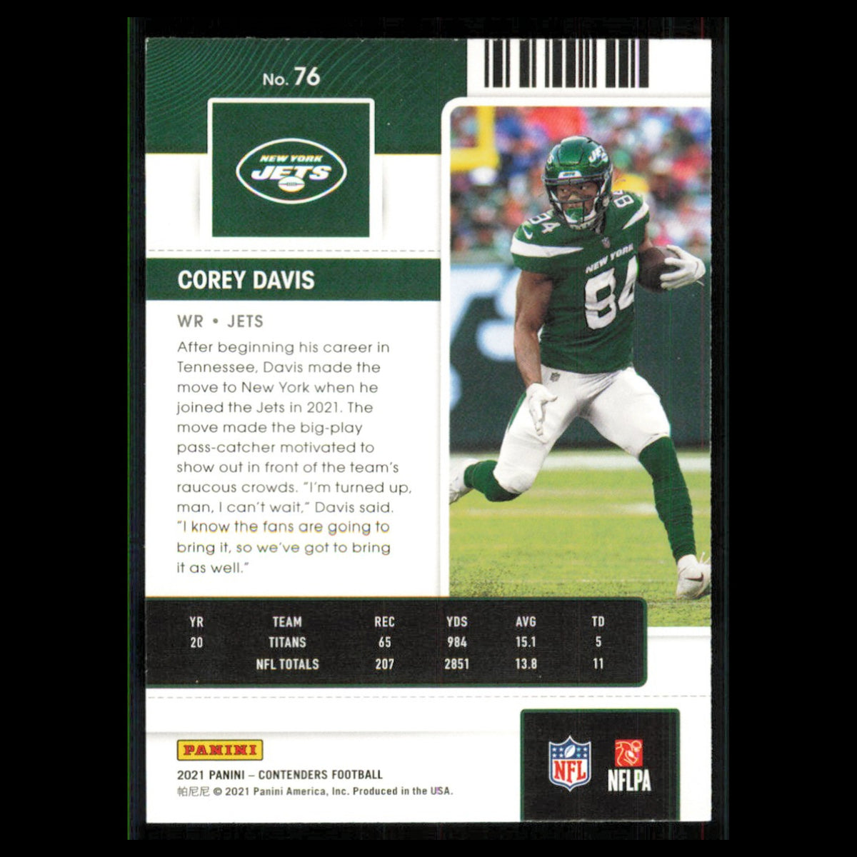 Corey Davis #76 2021 Panini Contenders Ticket New York Jets Football Card NFL NM