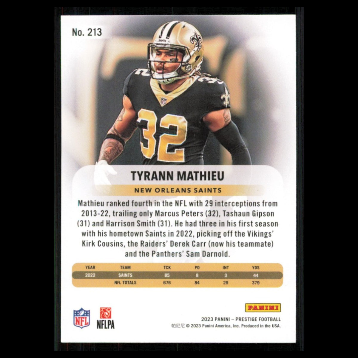 Tyrann Mathieu #213 2023 Panini Prestige New Orleans Saints Football Card NFL NM
