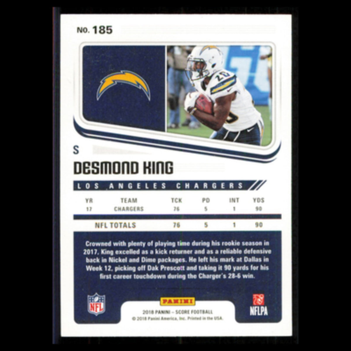 Desmond King #185 2018 Score Scorecard Los Angeles Chargers Football Card NFL NM