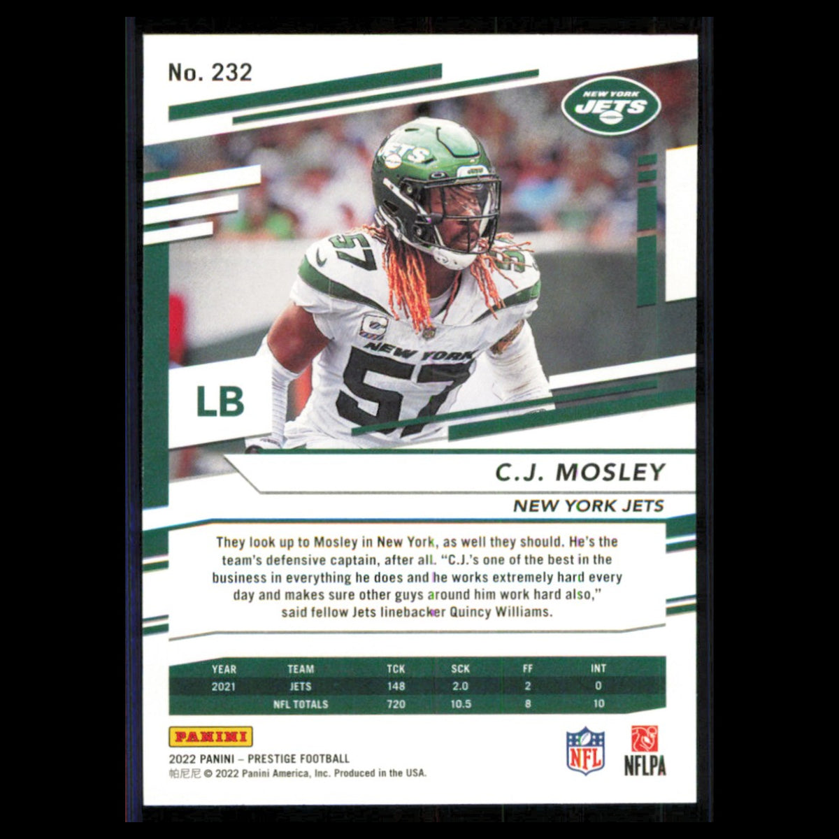 C.J. Mosley #232 2022 Panini Prestige New York Jets Football Card NFL NM