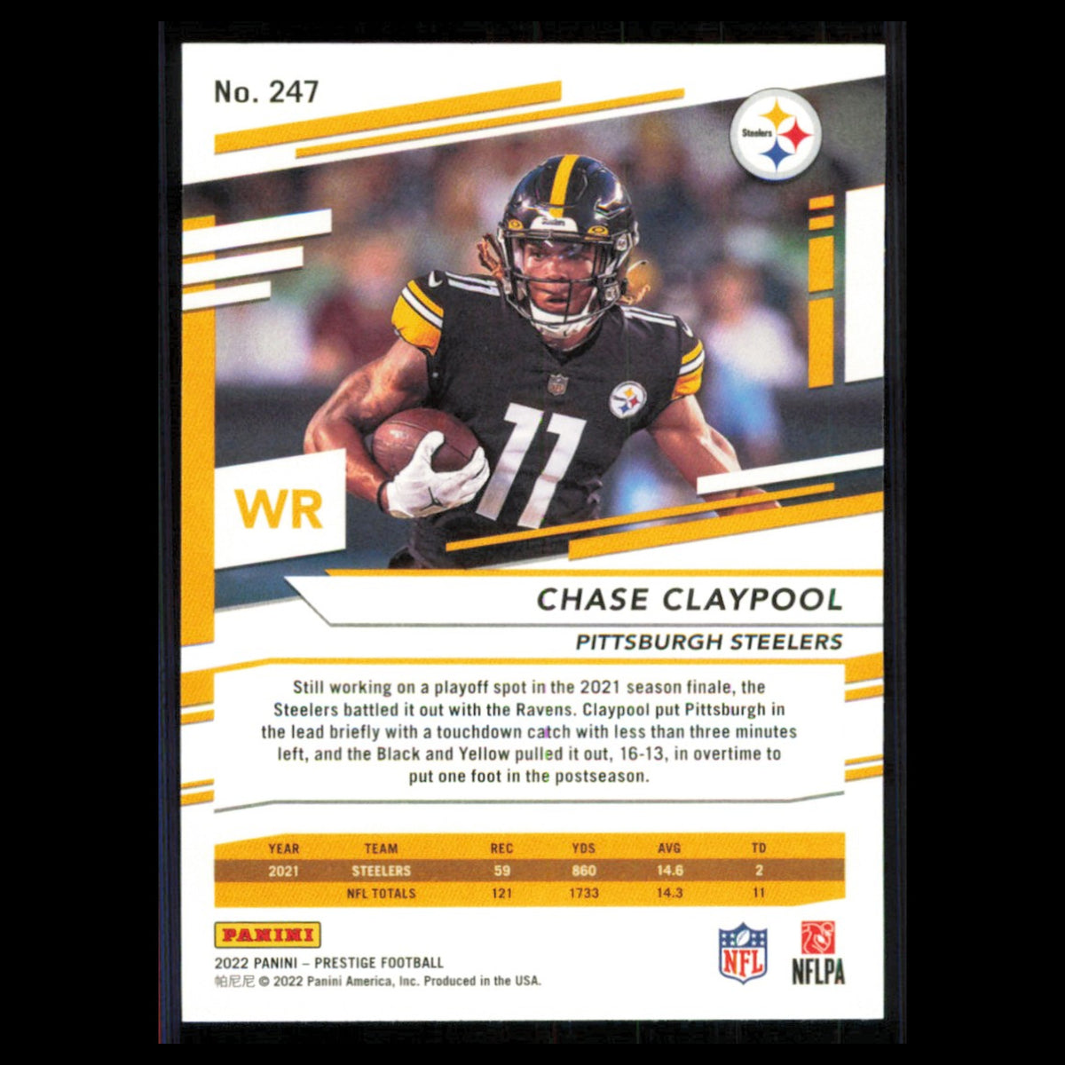 Chase Claypool #247 2022 Panini Prestige Pittsburgh Steelers Football Card NFL