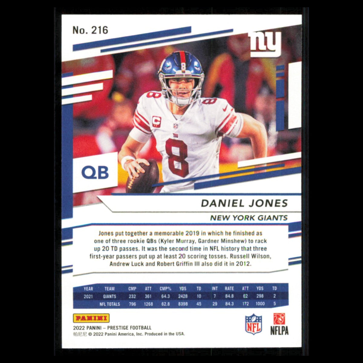 Daniel Jones #216 2022 Panini Prestige New York Giants Football Card NFL NM
