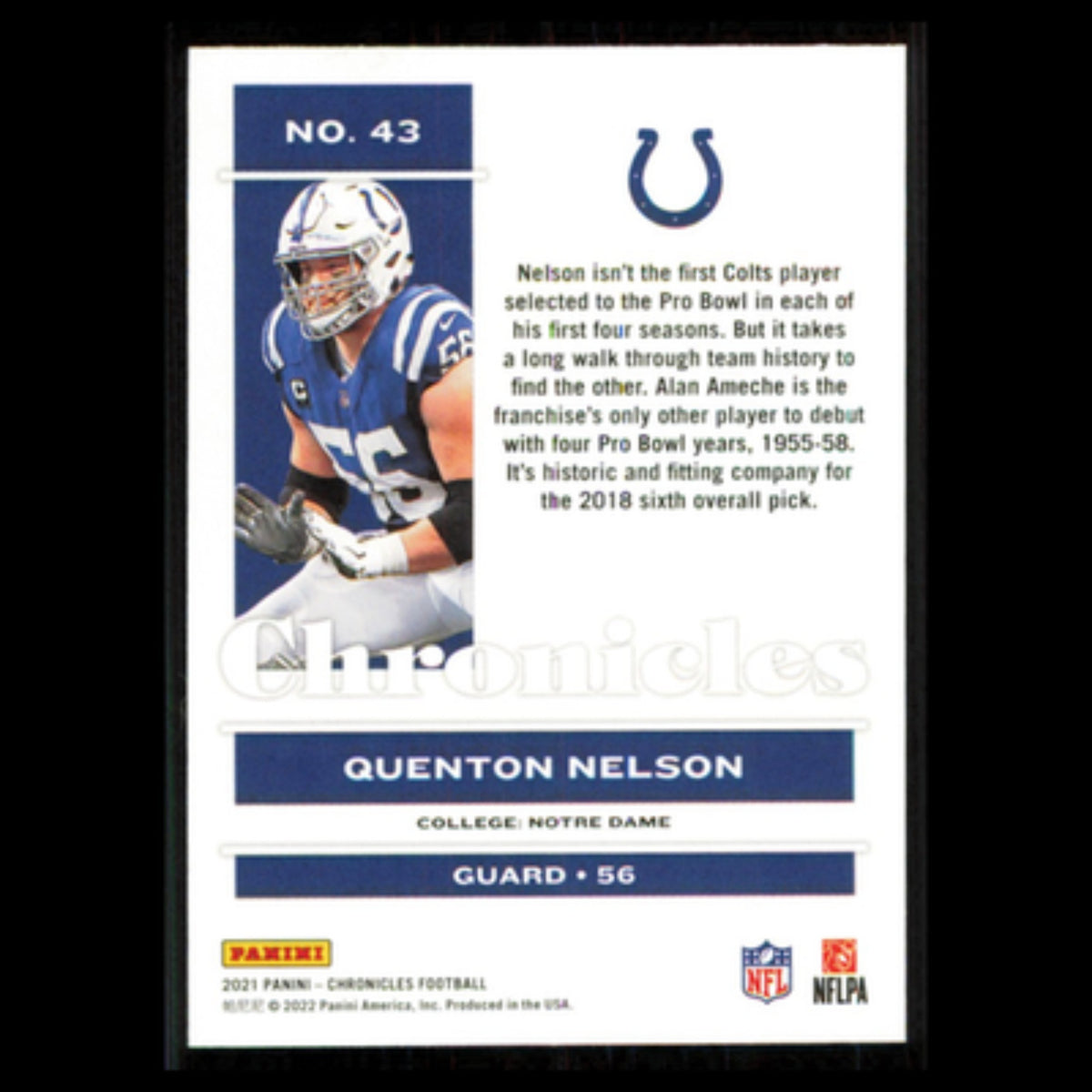 Quenton Nelson #43 2021 Panini Chronicles Indianapolis Colts Football Card NFL