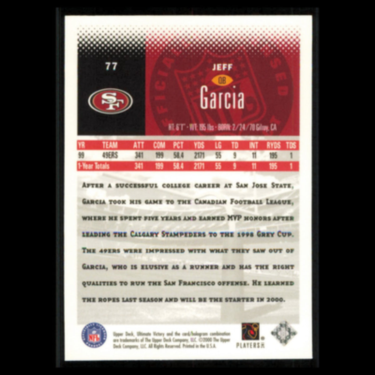 Jeff Garcia #77 2000 Upper Deck Ultimate Victory San Francisco 49ers Football NM