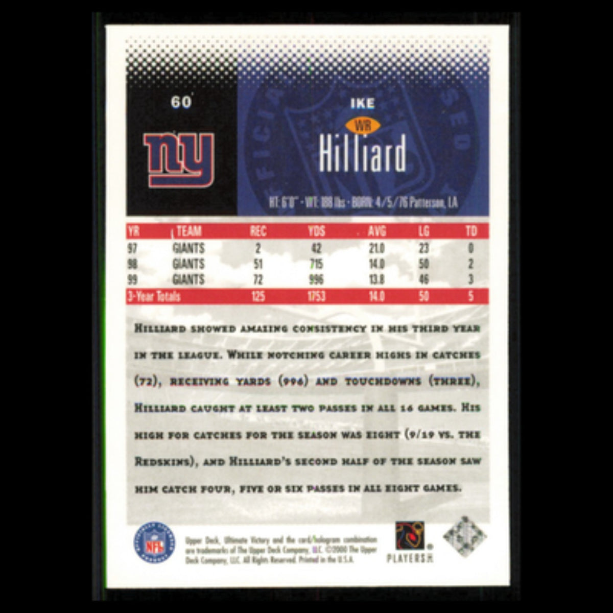 Ike Hilliard #60 2000 Upper Deck Ultimate Victory New York Giants Football Card