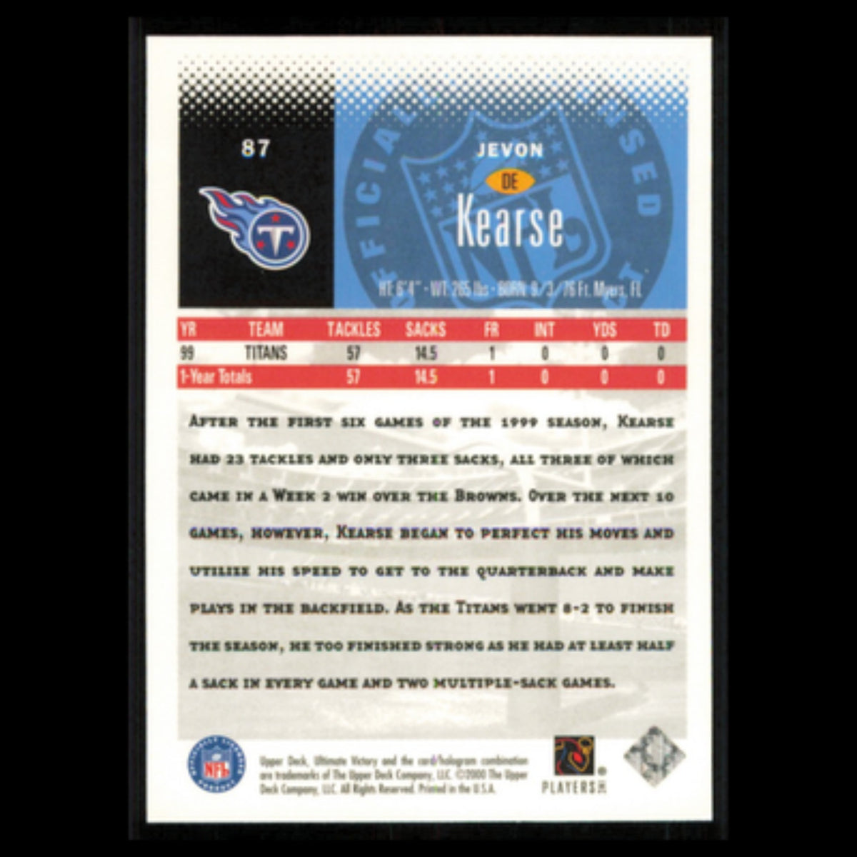 Jevon Kearse #87 2000 Upper Deck Ultimate Victory Tennessee Titans Football Card