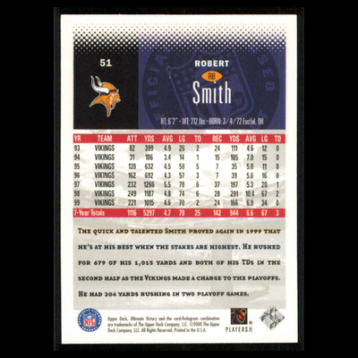 Rod Smith #51 2000 Upper Deck Ultimate Victory Denver Broncos Football Card NFL