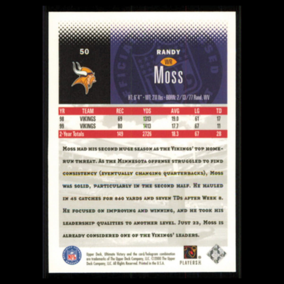 Randy Moss #50 2000 Upper Deck Ultimate Victory Minnesota Vikings Football Card