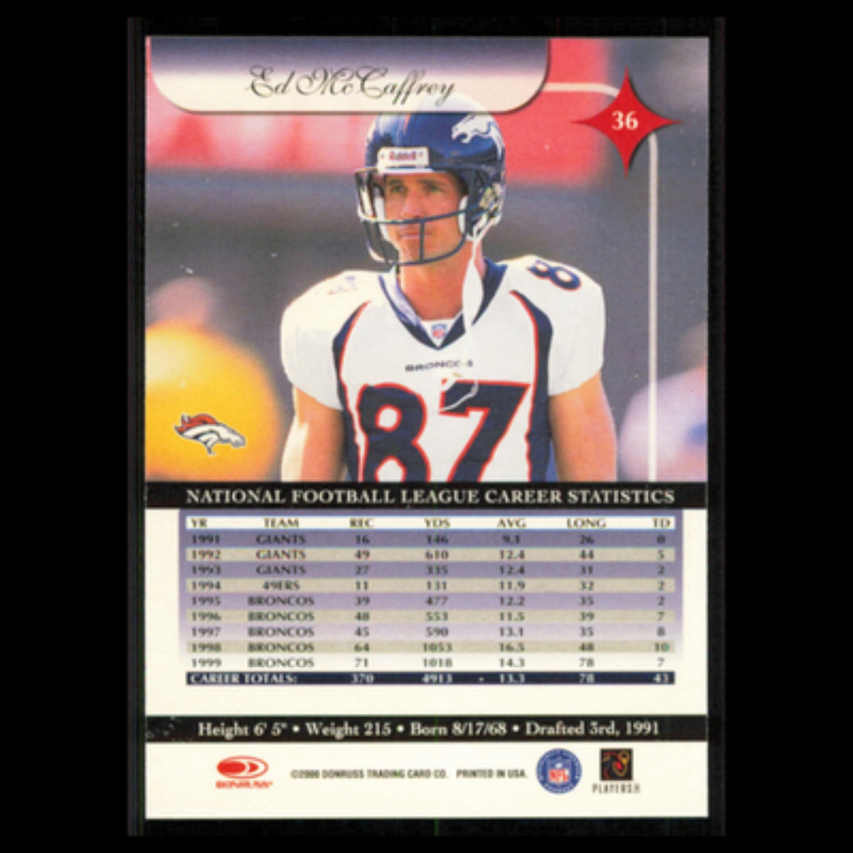 Ed McCaffrey #36 2000 Donruss Elite Denver Broncos Football Card NFL NM