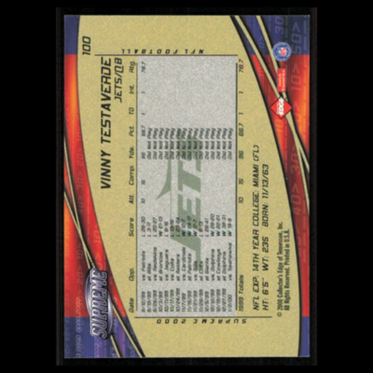 Vinny Testaverde #100 2000 Collectors Edge Supreme New York Jets Football Card