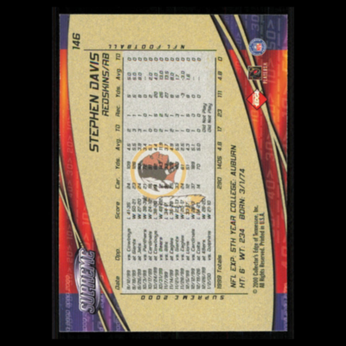 Stephen Davis #146 2000 Collectors Edge Supreme Washington Redskins Football NFL