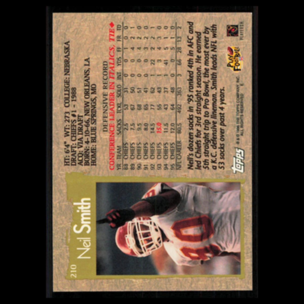 Neil Smith #210 1996 Topps Kansas City Chiefs Football Card NFL NM