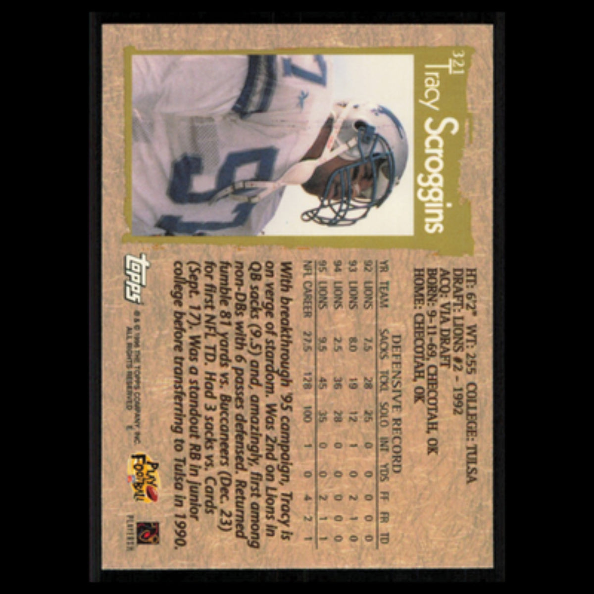 Tracy Scroggins #321 1996 Topps Detroit Lions Football Card NFL NM
