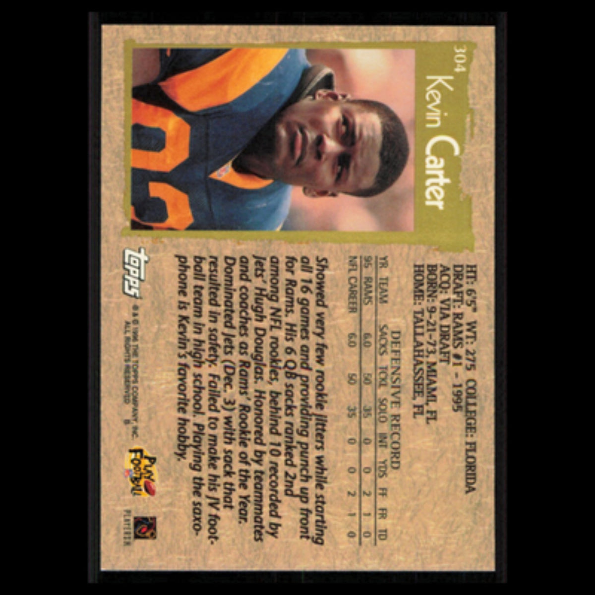 Kevin Carter #304 1996 Topps St. Louis Rams Football Card NFL NM